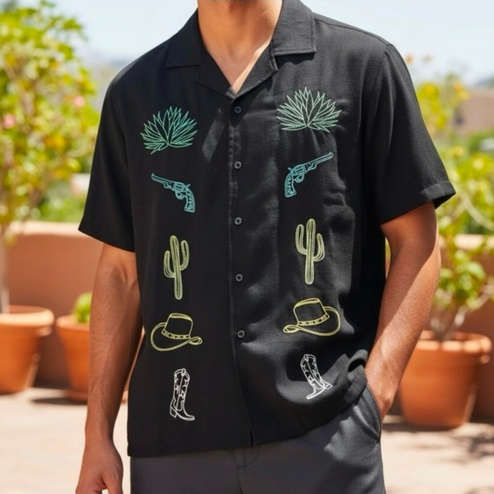 Negative Space Cowboy Rodeo Dark Western Core Embroidered Camp Shirt Black Sz S